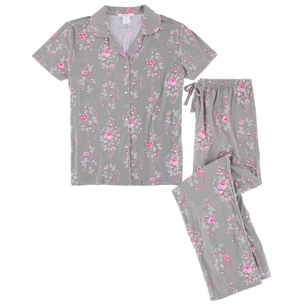 CTM Women's Floral Notched Collar Picot Pajama Set